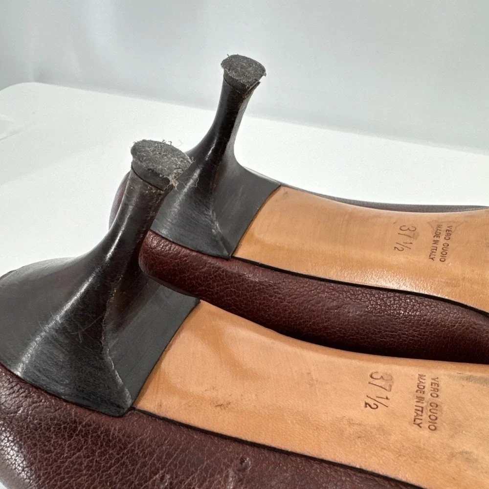 Ballin VTG Brown‎ Leather Kitten Heel 37.5 Italy Studded Fringe Metal Classic